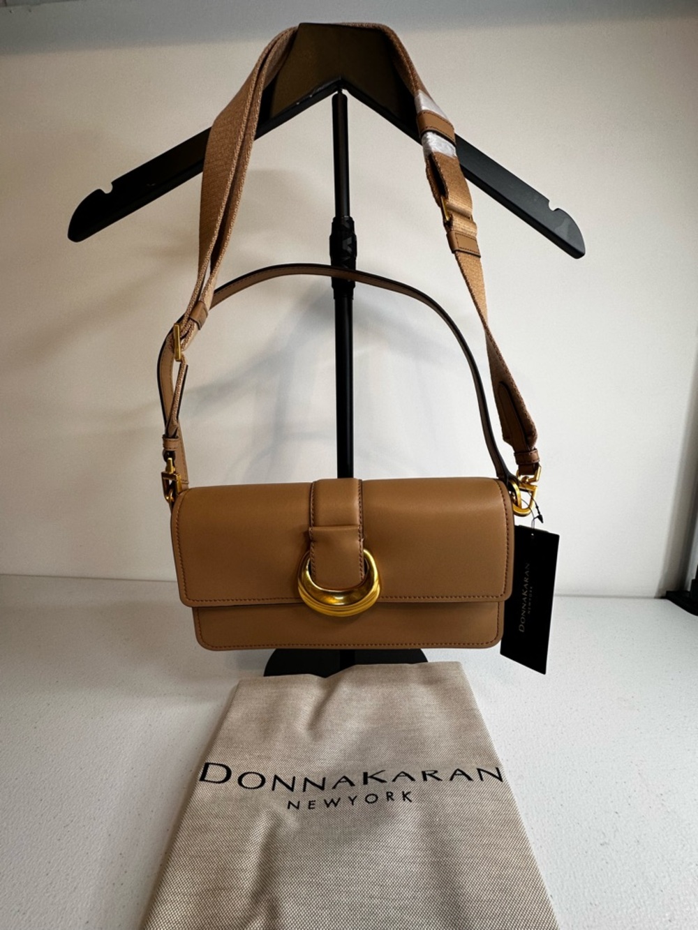 Donna Karan Valley Stream Tan Leather Flap Bag Gold Hardware Crossbody NWT